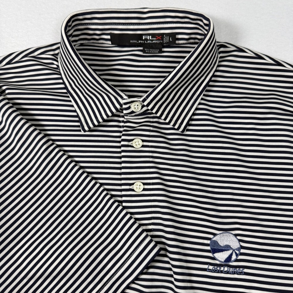 Ralph Lauren Polo Shirt RLX Mens Large L Navy‎ White Striped Lost Dunes Golf